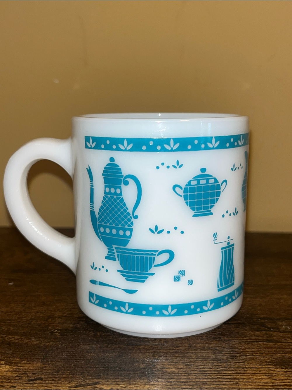 Vintage Hazel Atlas Turquoise/White Coffee Cup Kitchen Aid Series Milk Glass